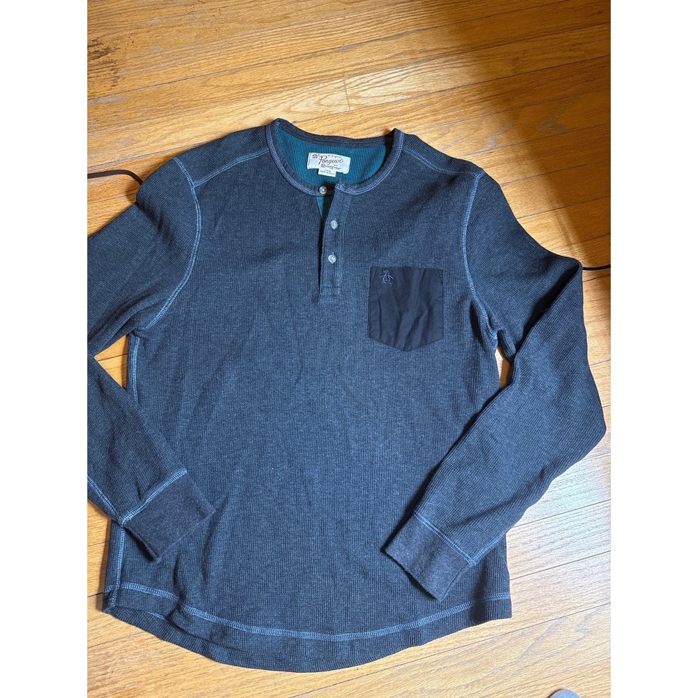 Original Penguin Mens Thermal Henley Long Sleeve Shirt Gray Large Pocket